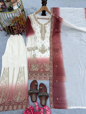 Peach&white georgette readymade suit with embroidery & jarkhan work 4