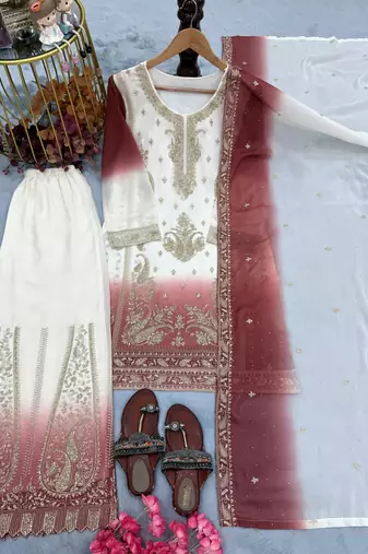 Peach&white georgette readymade suit with embroidery & jarkhan work