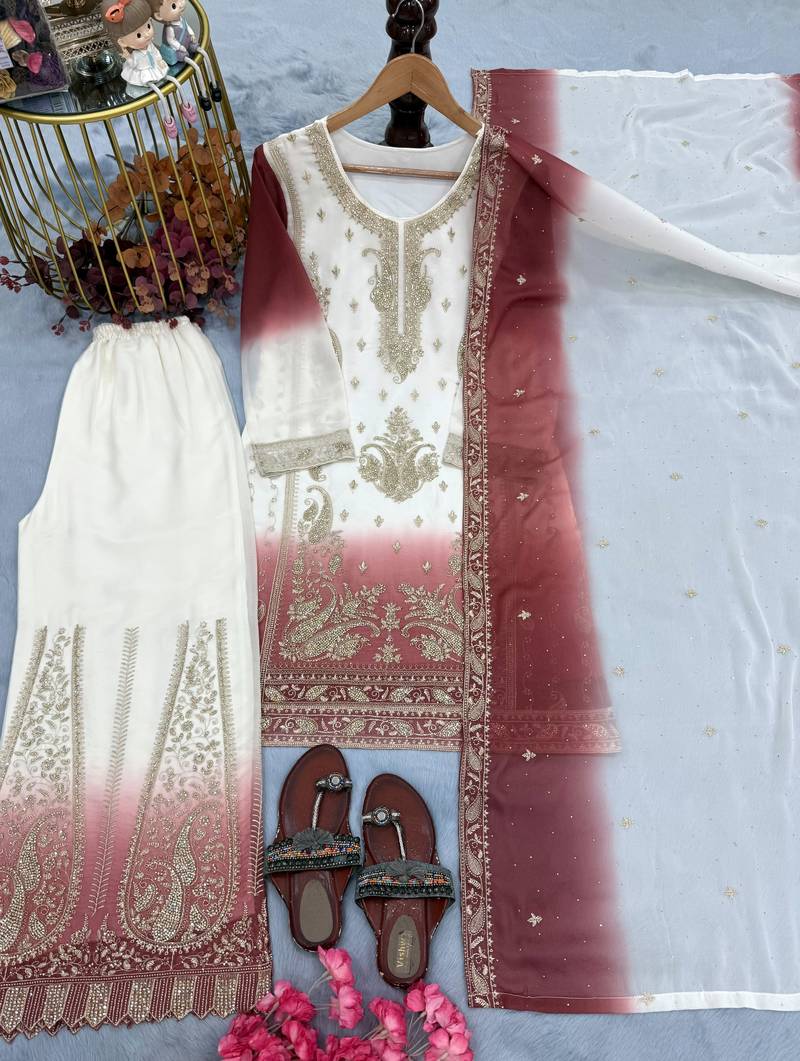 Peach&white georgette readymade suit with embroidery & jarkhan work