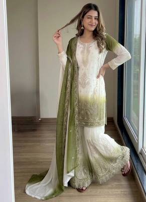 Green&white georgette readymade suit with embroidery & jarkhan work 1