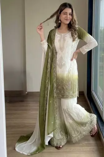 Green&white georgette readymade suit with embroidery & jarkhan work