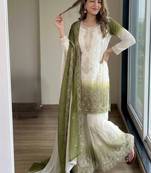 Green&white georgette readymade suit with embroidery & jarkhan work