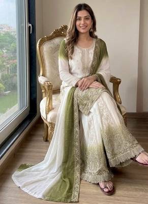 Green&white georgette readymade suit with embroidery & jarkhan work 2