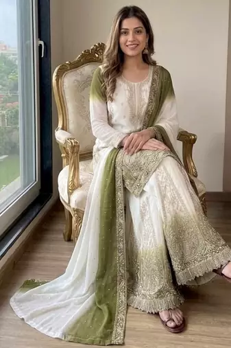 Green&white georgette readymade suit with embroidery & jarkhan work