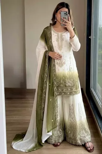 Green&white georgette readymade suit with embroidery & jarkhan work