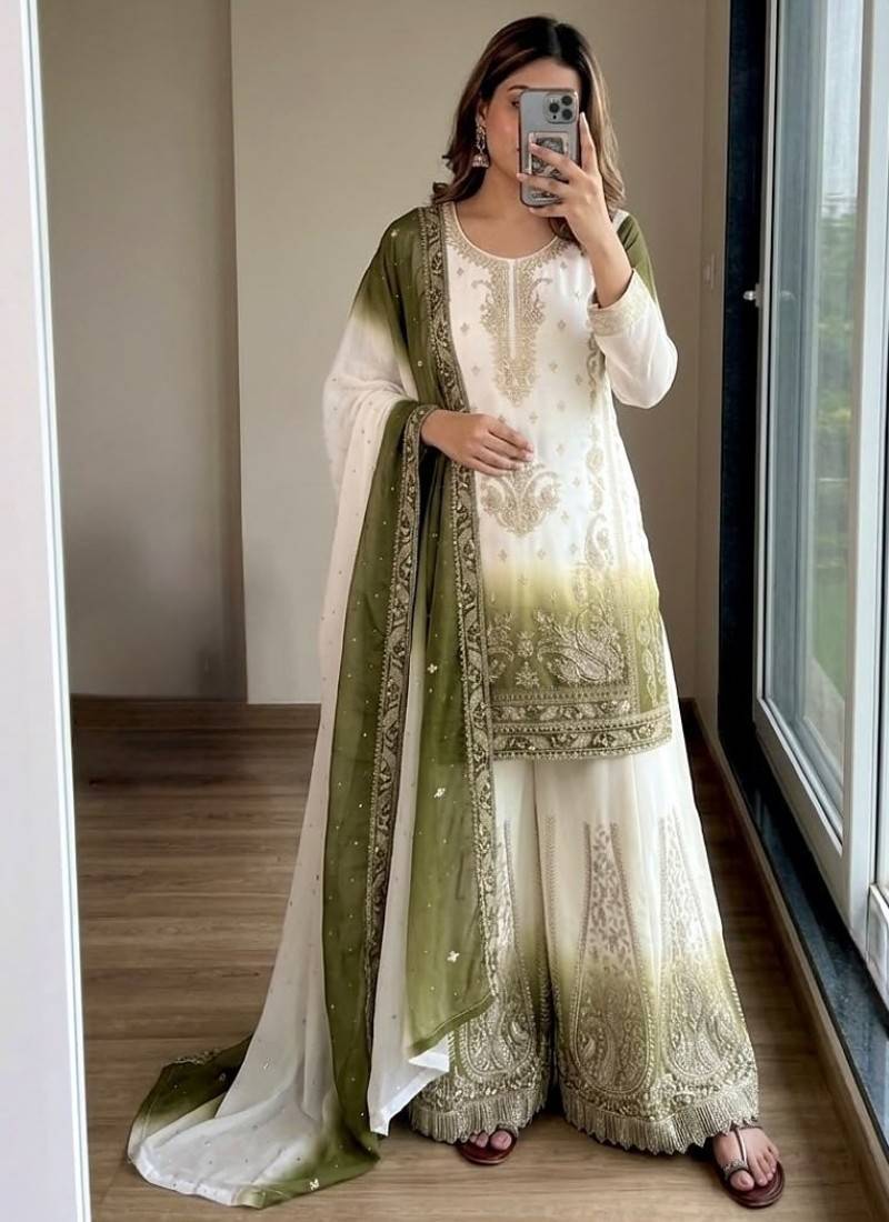 Green&white georgette readymade suit with embroidery & jarkhan work