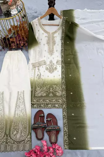 Green&white georgette readymade suit with embroidery & jarkhan work