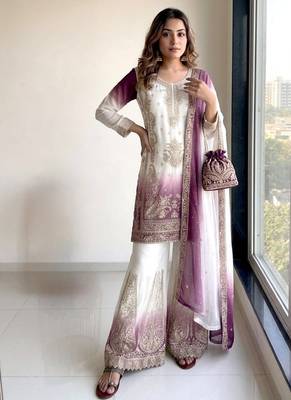 Purple&white georgette readymade suit with embroidery & jarkhan work 1