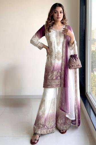 Purple&white georgette readymade suit with embroidery & jarkhan work