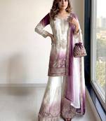 Purple&white georgette readymade suit with embroidery & jarkhan work