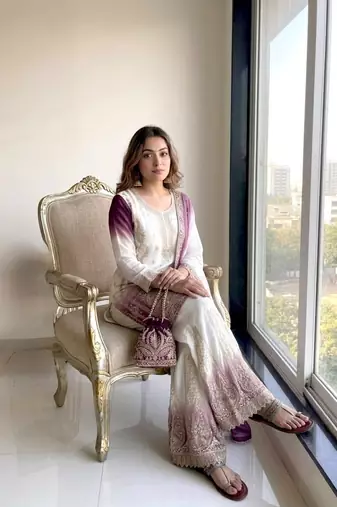 Purple&white georgette readymade suit with embroidery & jarkhan work