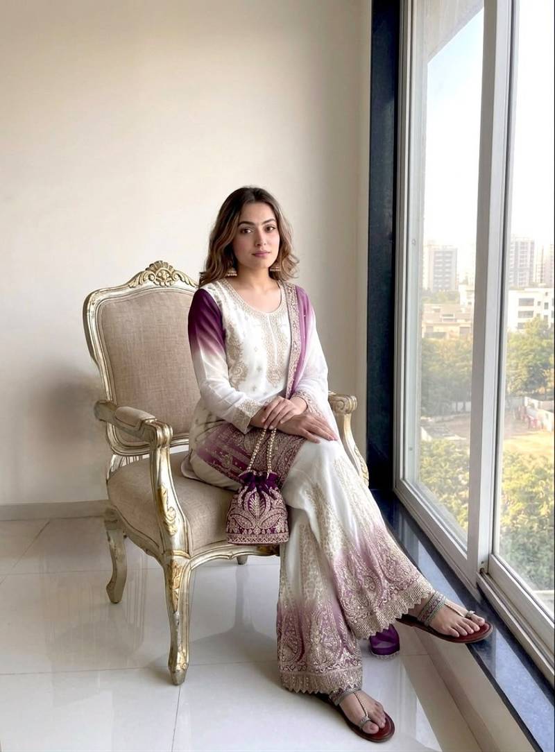 Purple&white georgette readymade suit with embroidery & jarkhan work