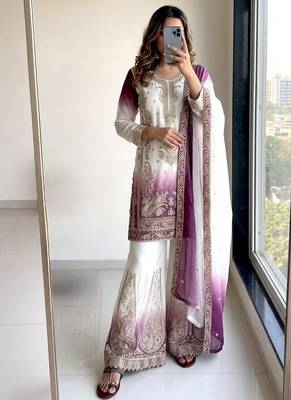 Purple&white georgette readymade suit with embroidery & jarkhan work 3