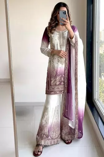 Purple&white georgette readymade suit with embroidery & jarkhan work