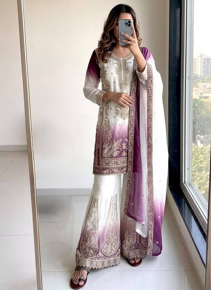 Purple&white georgette readymade suit with embroidery & jarkhan work
