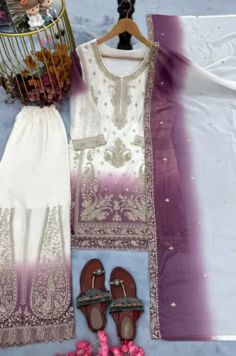 Purple&white georgette readymade suit with embroidery & jarkhan work