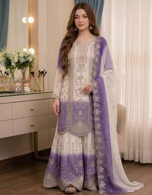 Lavender&white georgette readymade suit with thread embroidery work 1