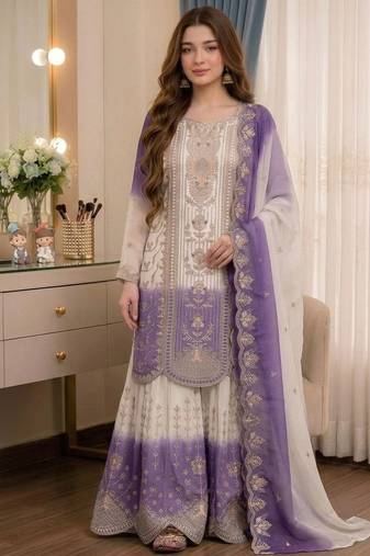 Lavender&white georgette readymade suit with thread embroidery work