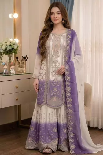 Lavender&white georgette readymade suit with thread embroidery work