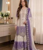 Lavender&white georgette readymade suit with thread embroidery work