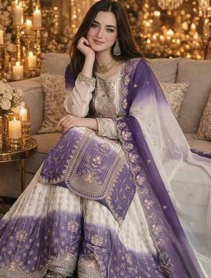 Lavender&white georgette readymade suit with thread embroidery work 2