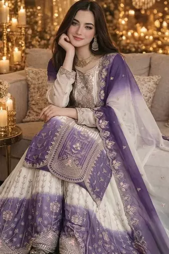 Lavender&white georgette readymade suit with thread embroidery work