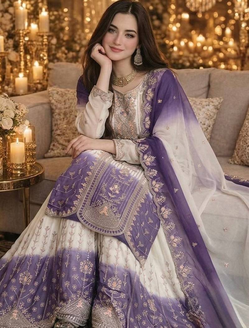 Lavender&white georgette readymade suit with thread embroidery work
