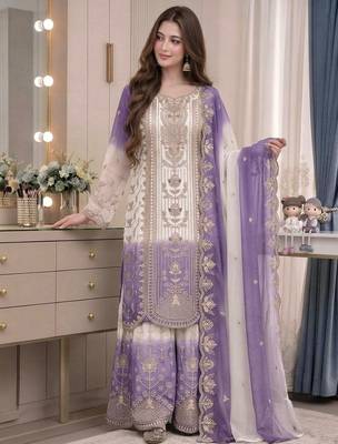 Lavender&white georgette readymade suit with thread embroidery work 3