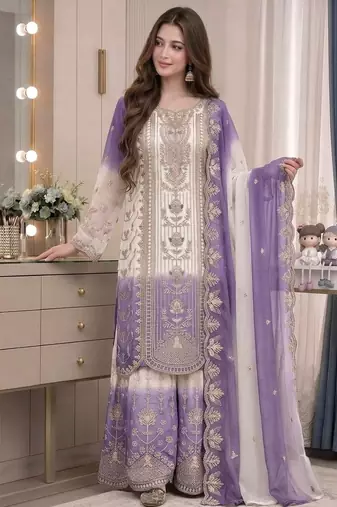 Lavender&white georgette readymade suit with thread embroidery work