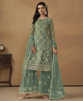 enchanting sea green embroidered net sharara salwar suit 1