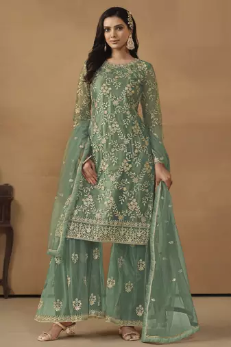 enchanting sea green embroidered net sharara salwar suit