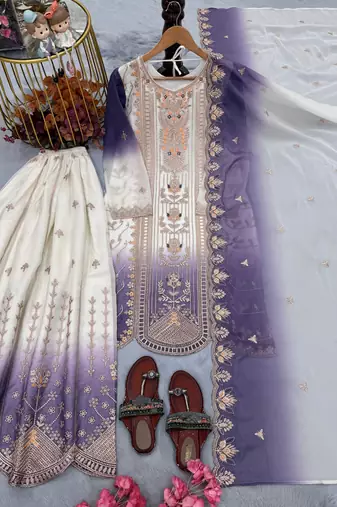Lavender&white georgette readymade suit with thread embroidery work