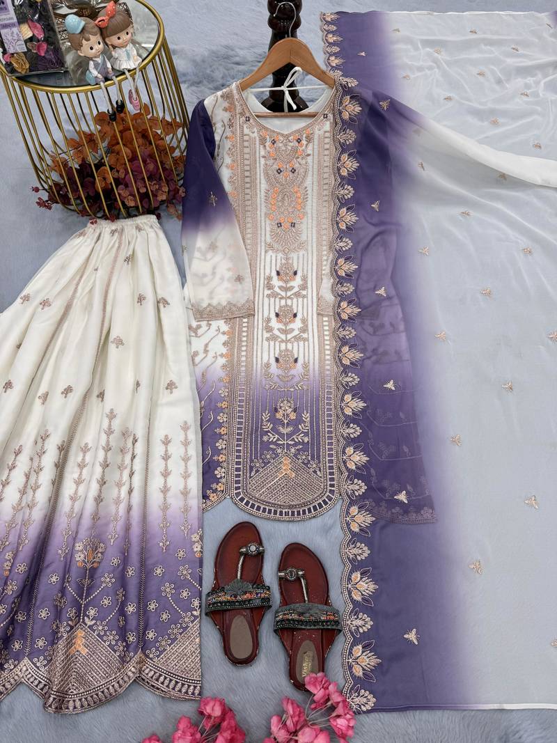 Lavender&white georgette readymade suit with thread embroidery work