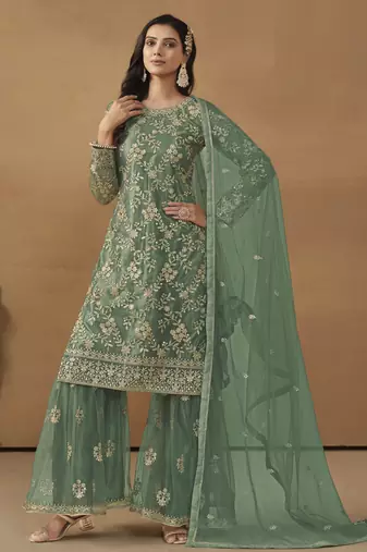 enchanting sea green embroidered net sharara salwar suit