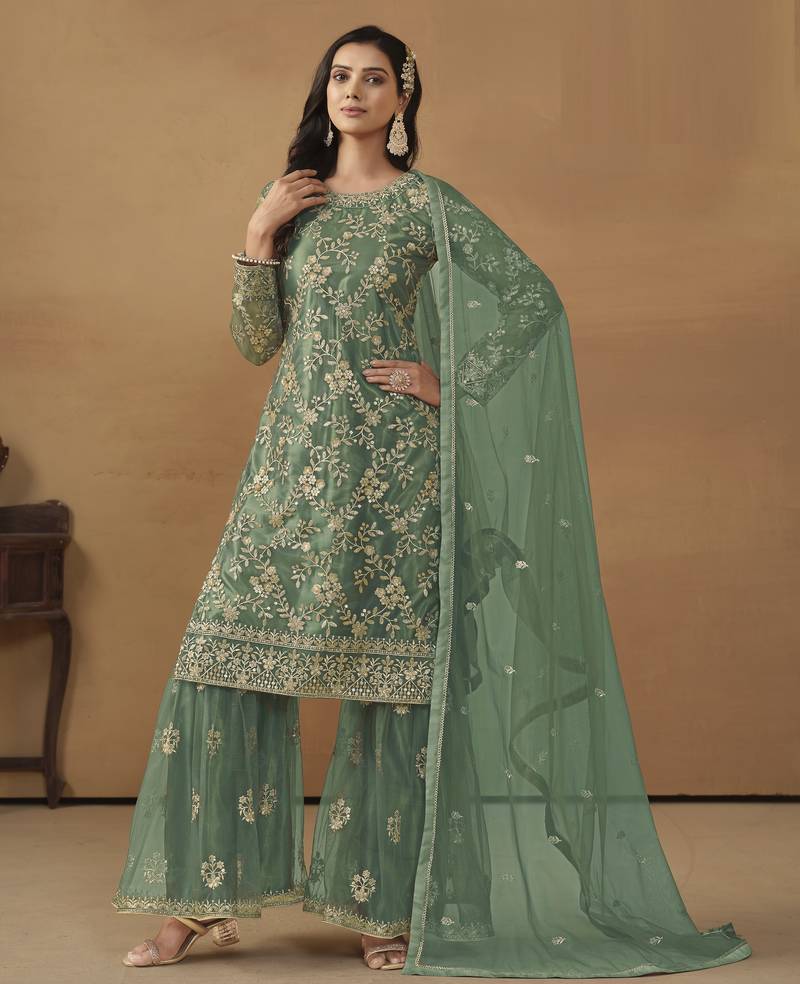 enchanting sea green embroidered net sharara salwar suit