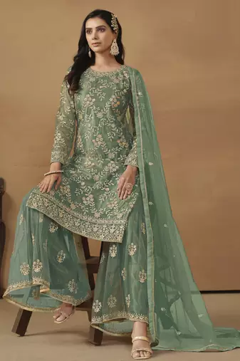 enchanting sea green embroidered net sharara salwar suit