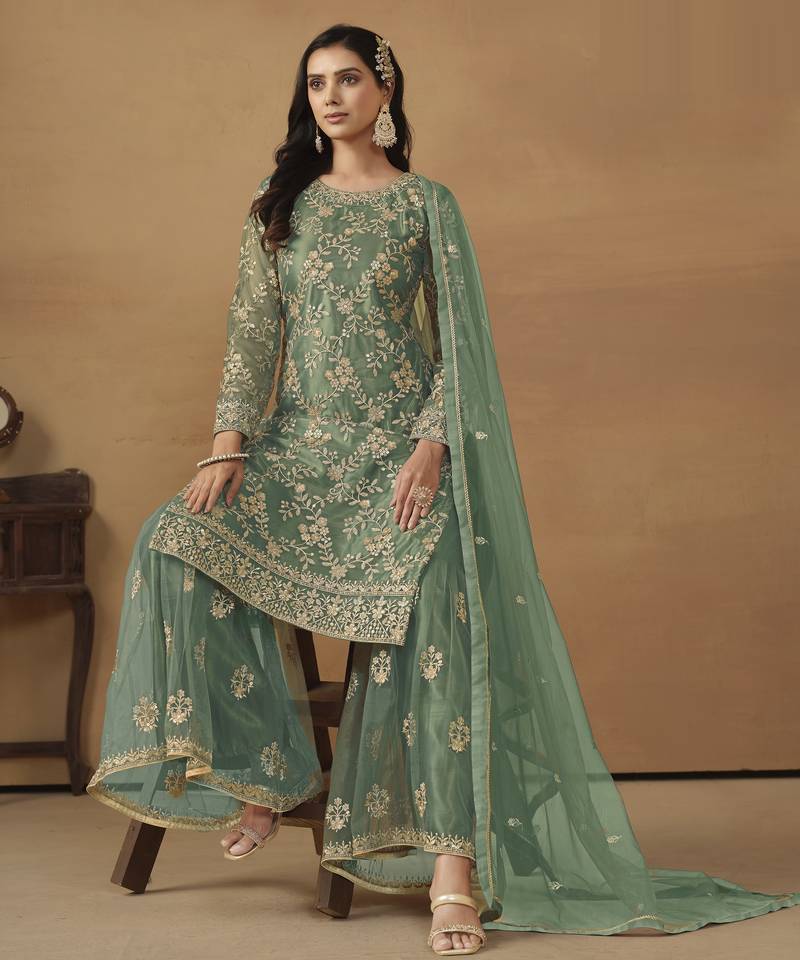 enchanting sea green embroidered net sharara salwar suit