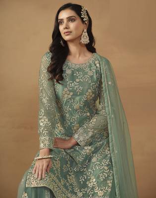 enchanting sea green embroidered net sharara salwar suit 4