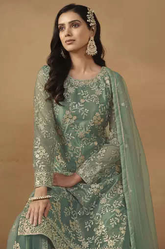 enchanting sea green embroidered net sharara salwar suit