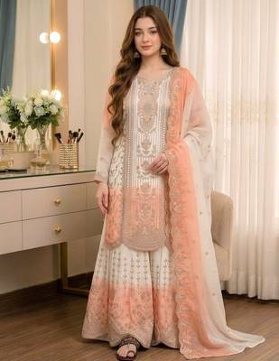 Peach&white georgette readymade suit with thread embroidery work 1