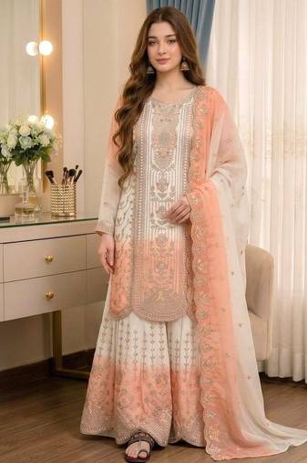 Peach&white georgette readymade suit with thread embroidery work