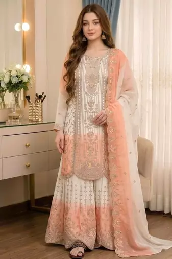 Peach&white georgette readymade suit with thread embroidery work