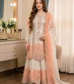 Peach&white georgette readymade suit with thread embroidery work