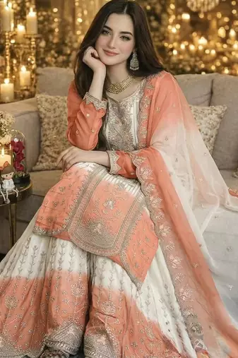 Peach&white georgette readymade suit with thread embroidery work