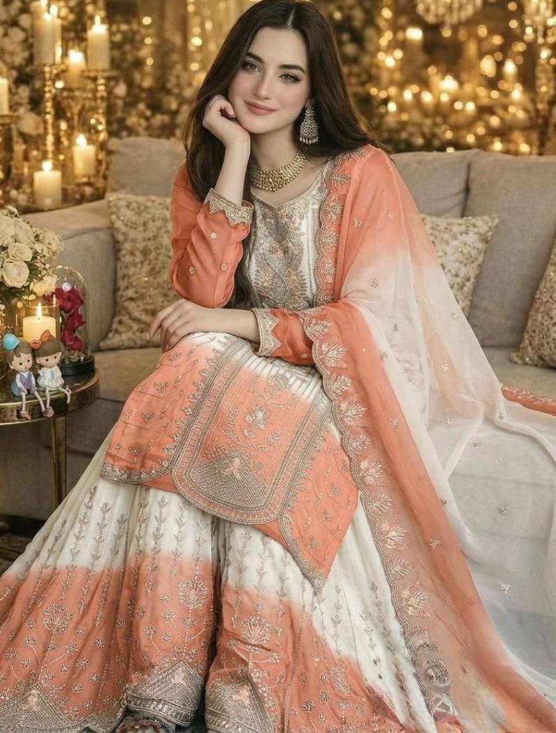 Peach&white georgette readymade suit with thread embroidery work