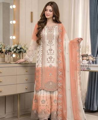 Peach&white georgette readymade suit with thread embroidery work 3