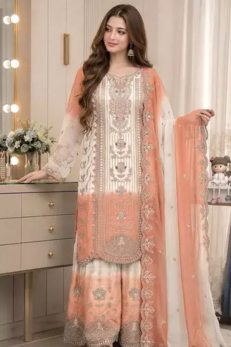 Peach&white georgette readymade suit with thread embroidery work