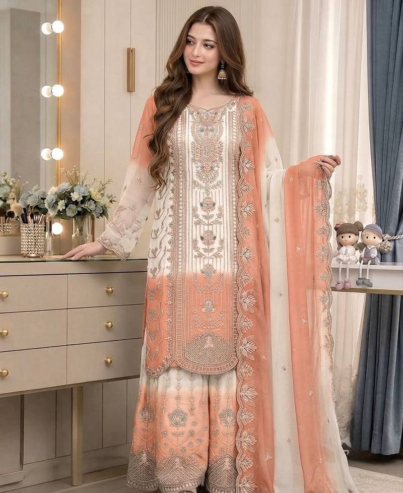 Peach&white georgette readymade suit with thread embroidery work