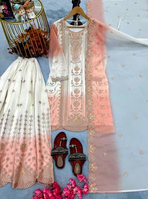 Peach&white georgette readymade suit with thread embroidery work 4
