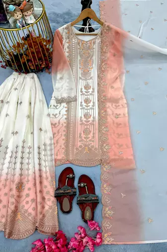 Peach&white georgette readymade suit with thread embroidery work